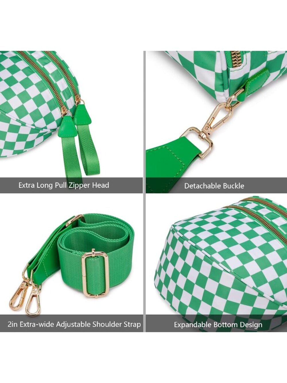 Women's Green Spacious Checkered Double-Zipper Compartment Fashion Crossbody Bag - Picture 5 of 6
